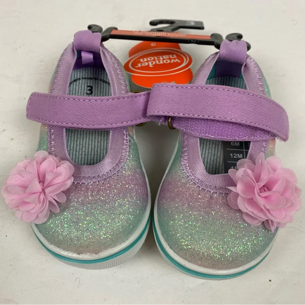 Wonder Nation Sparkle Glitter MaryJane Shoes Flower Purple Pink size 3 NWT